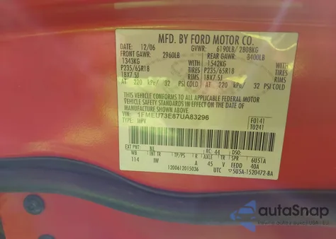 2007 Ford Explorer Xlt from USA, damaged, VIN 1FMEU73E87UA83296